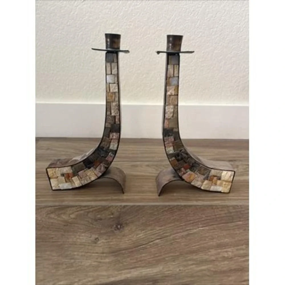 Eilon‎ Mosaics MCM Hammered Copper Holy Land Stone Candlesticks Shabbat 10.5
